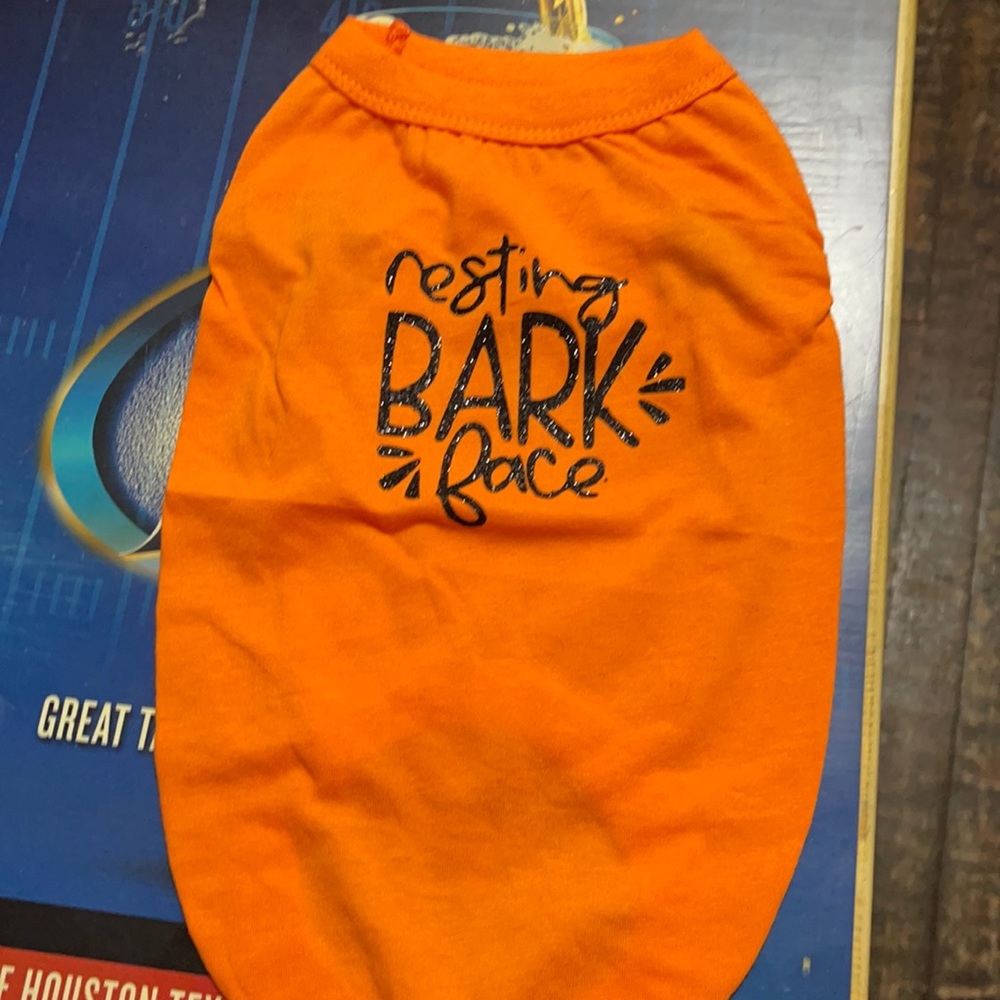 Dog shirt size small orange resting bark face